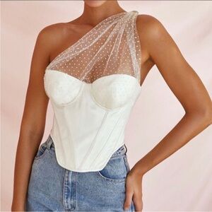 House of CB Kim Corset Top Draped Tulle One Shoulder Ivory Crop Top Size Small